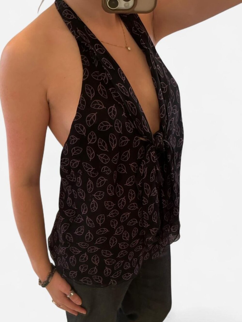 Laundry by Shelli Segal 100% silk black and pink halter top with leaf pattern